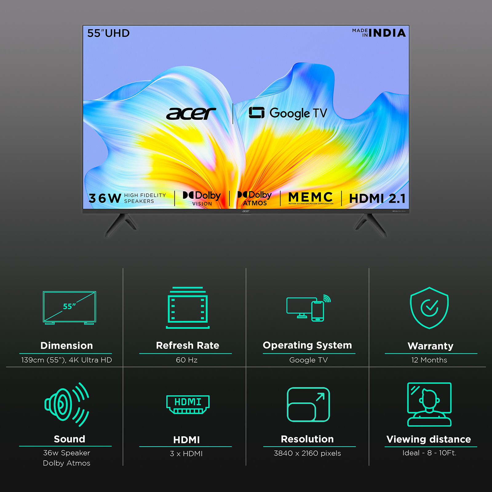 Acer 139.7 cm (55) V Series QLED 4K Ultra HD Ready Smart Google TV  AR55GR2851VQD (Black)