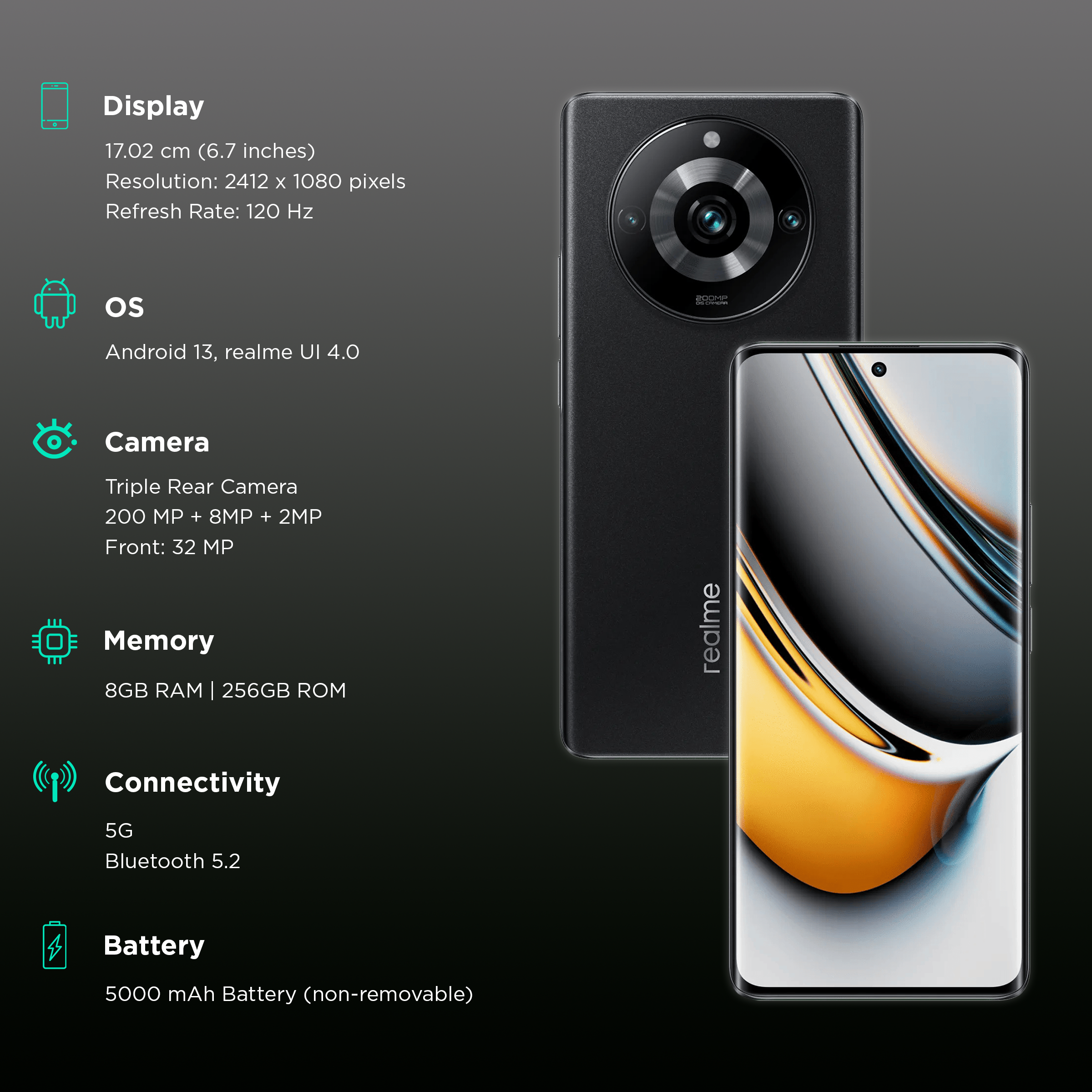 Realme 11 Pro 5G, 8GB RAM, 256GB ROM, 5000mAh Batttery, Mediatek  Dimensity 7050 5G, 100MP+2MP Camera, 6.7″ Smartphone