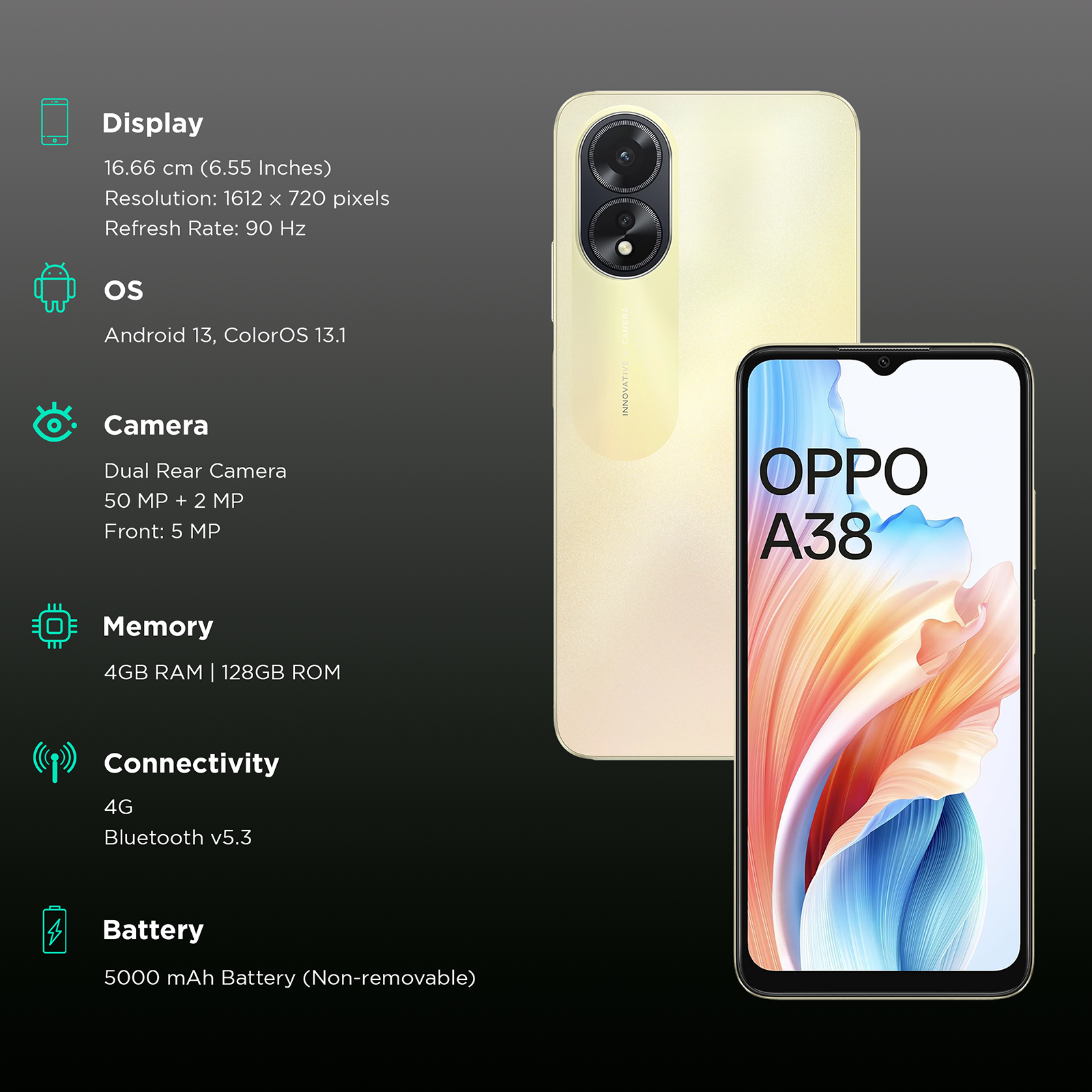 OPPO A38 656 HD+ 128GB 4(+4)GB GLOWING GOLD Canal Pc Informatica