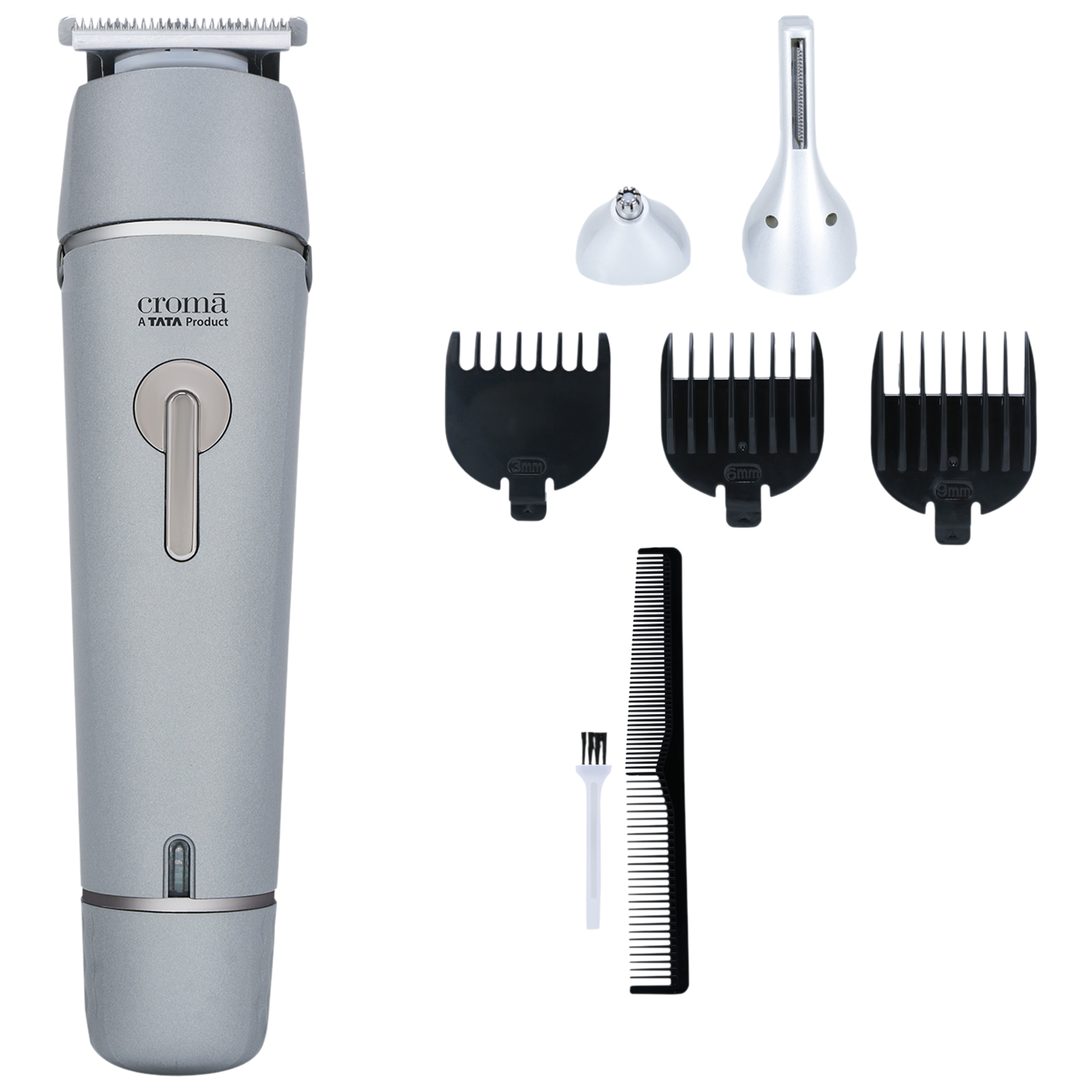 

Croma CRSHB07HCA023309 7-in-1 Rechargeable Cordless Grooming Kit for Face for Men (90mins Runtime, Self Sharpening Technology, Grey)