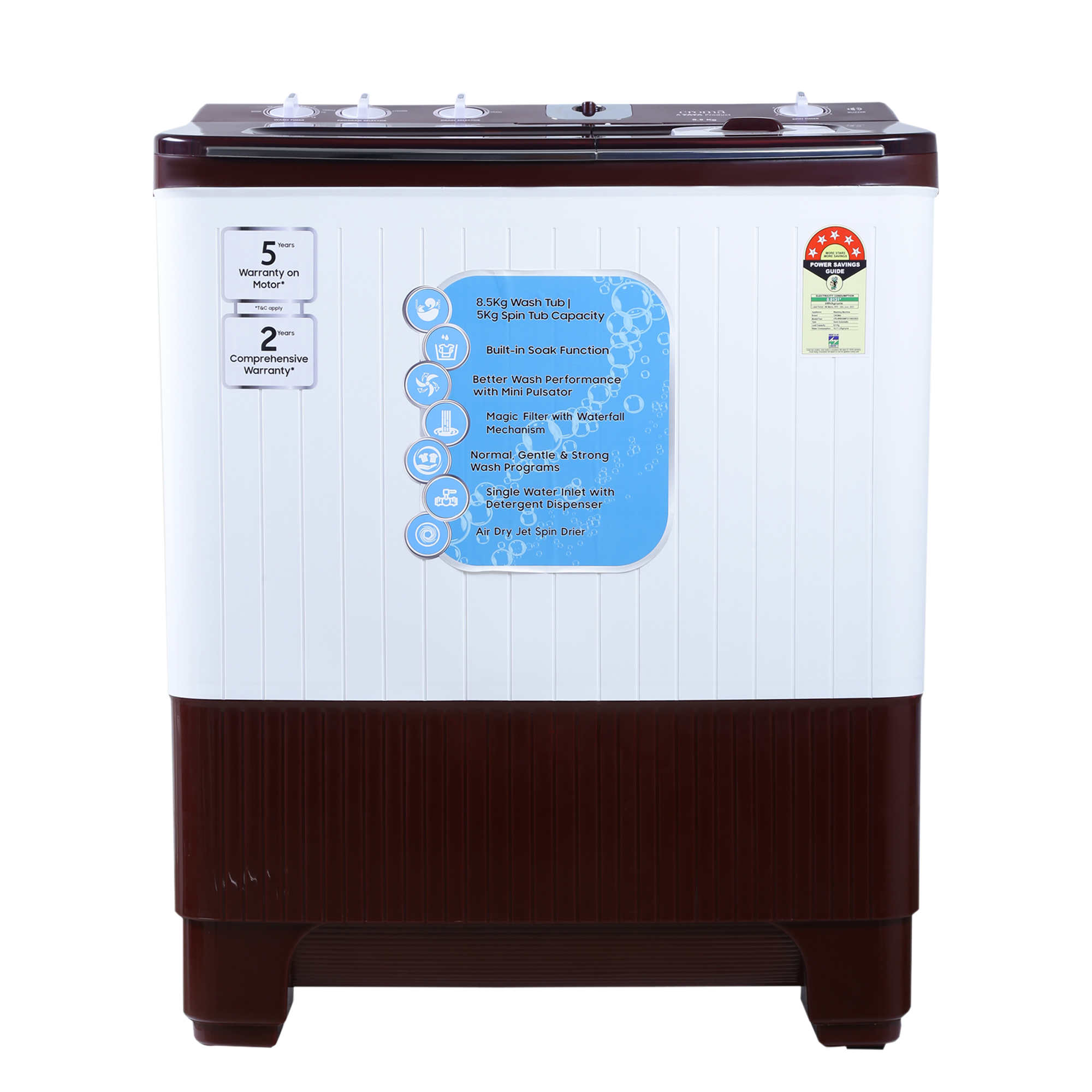 Croma 8.5 kg 5 Star Semi Automatic Washing Machine with Active Soak Function (CRLW085SMF231002, Burgundy)