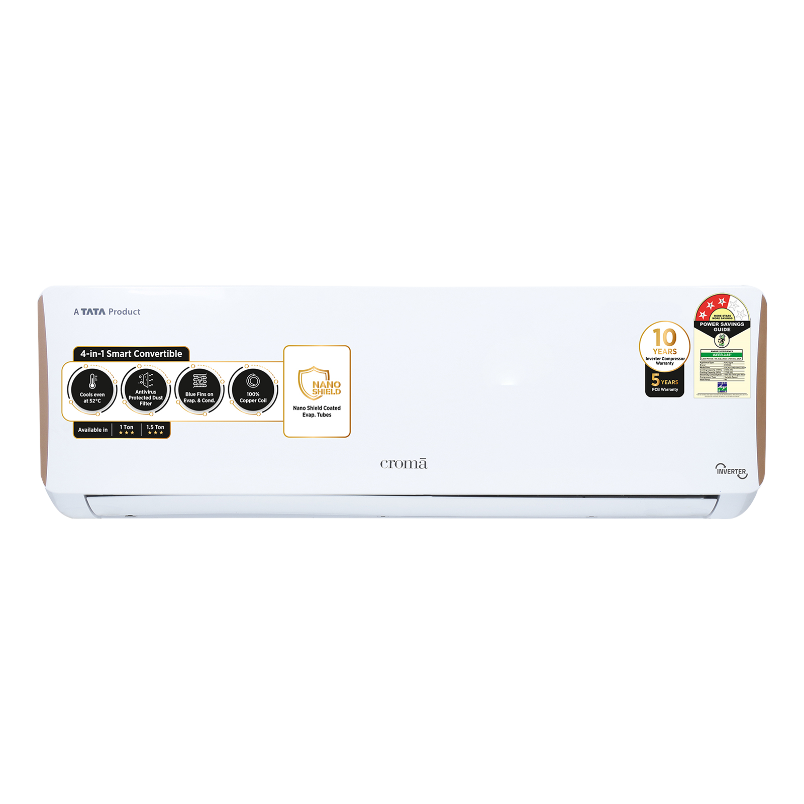 

Croma 4 in 1 Convertible 1 Ton 3 Star Inverter Split AC with Dust Filter (2024 Model, Copper Condenser, CRLA012IND199453), White