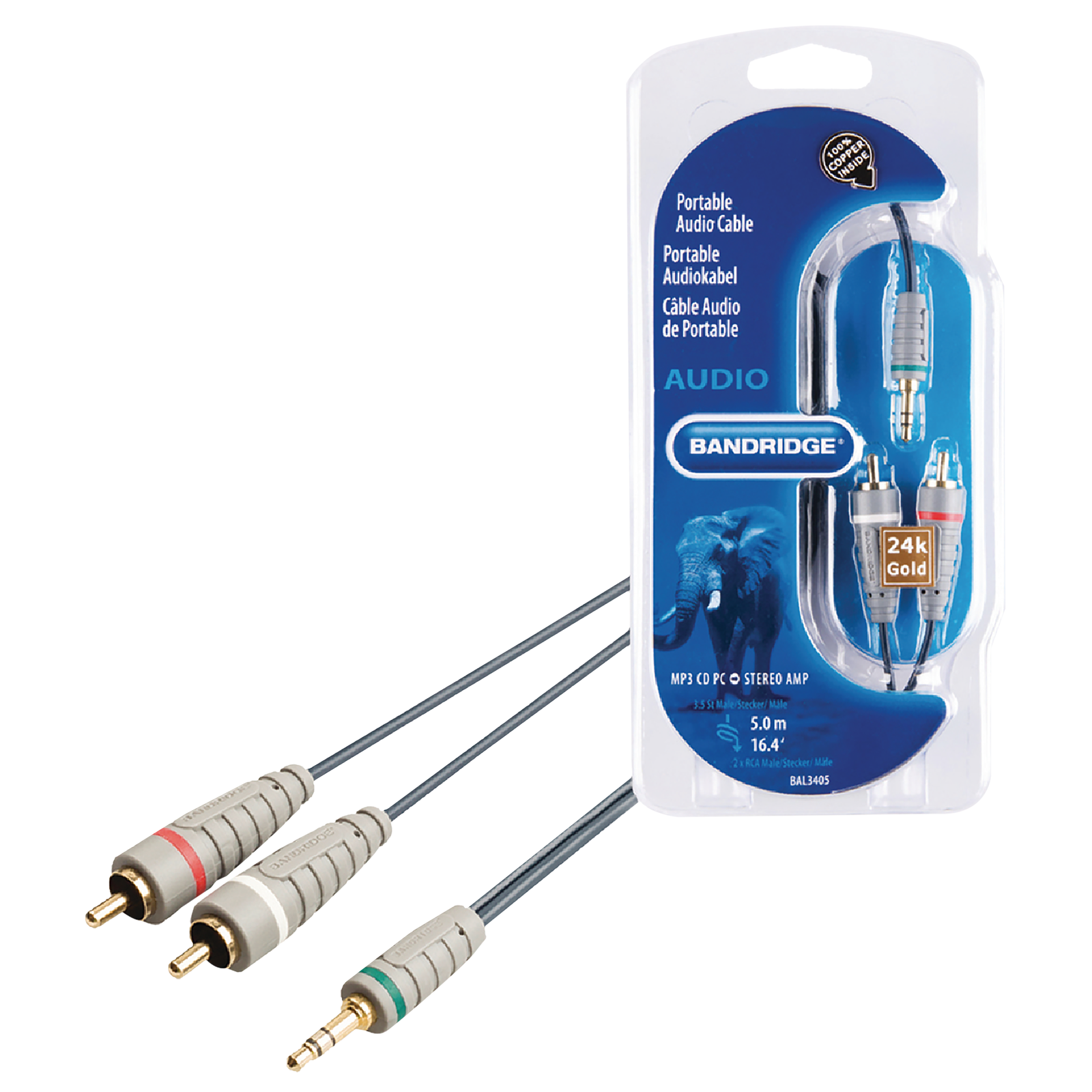 Bandridge BAL3405 PVC 5 Meter 3.5mm Stereo to RCA Audio Cable (24K Gold Plated, Blue)