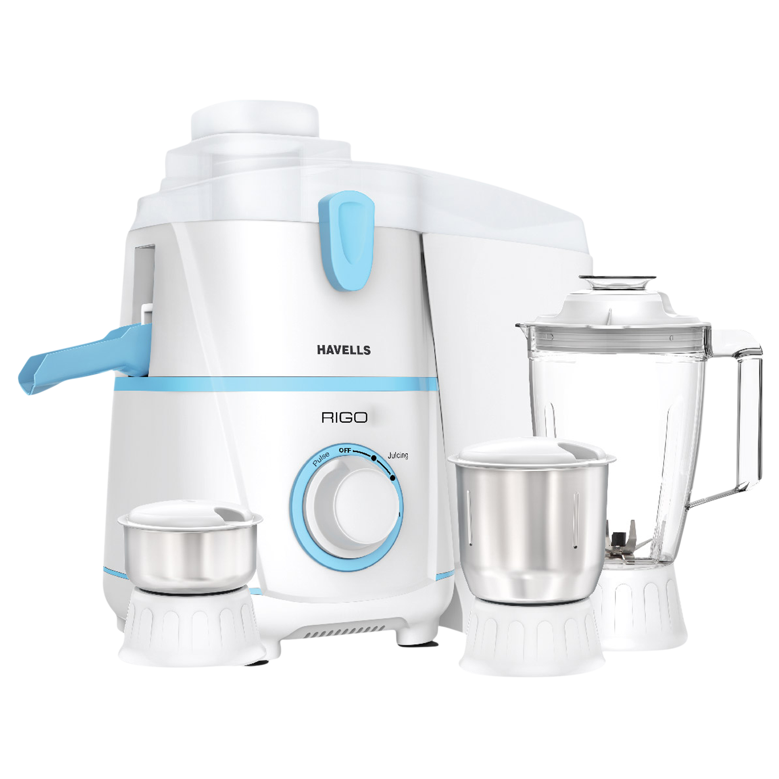 

HAVELLS Rigo 500 Watt 3 Jars Juicer Mixer Grinder (Stainless Steel Blade, White Blue)