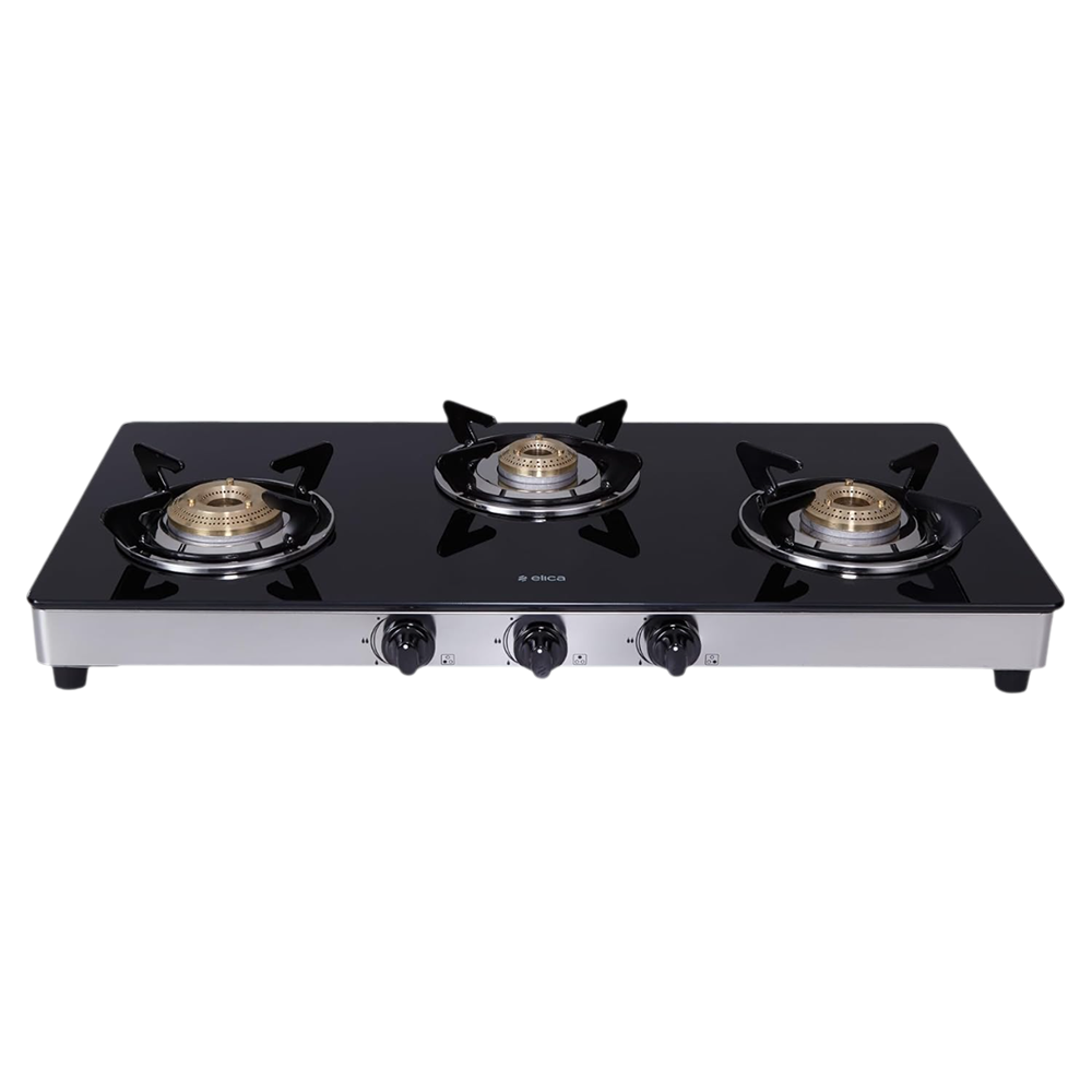 

Elica 773 CT DT VETRO Toughened Glass Top 3 Burner Manual Gas Stove (Round Euro Coated Grid, Black)