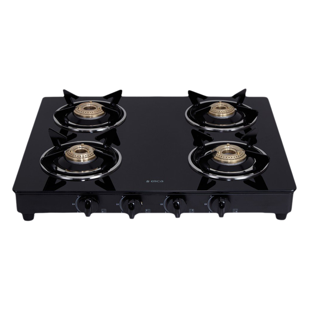 

Elica 594 CT VETRO BK Toughened Glass Top 4 Burner Manual Gas Stove (Round Euro Coated Grid, Black)