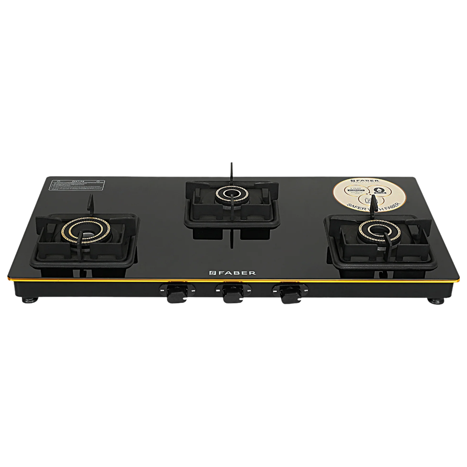 FABER Prince Plus Toughened Glass Top 3 Burner Manual Hob (Full Brass Burners, Black)