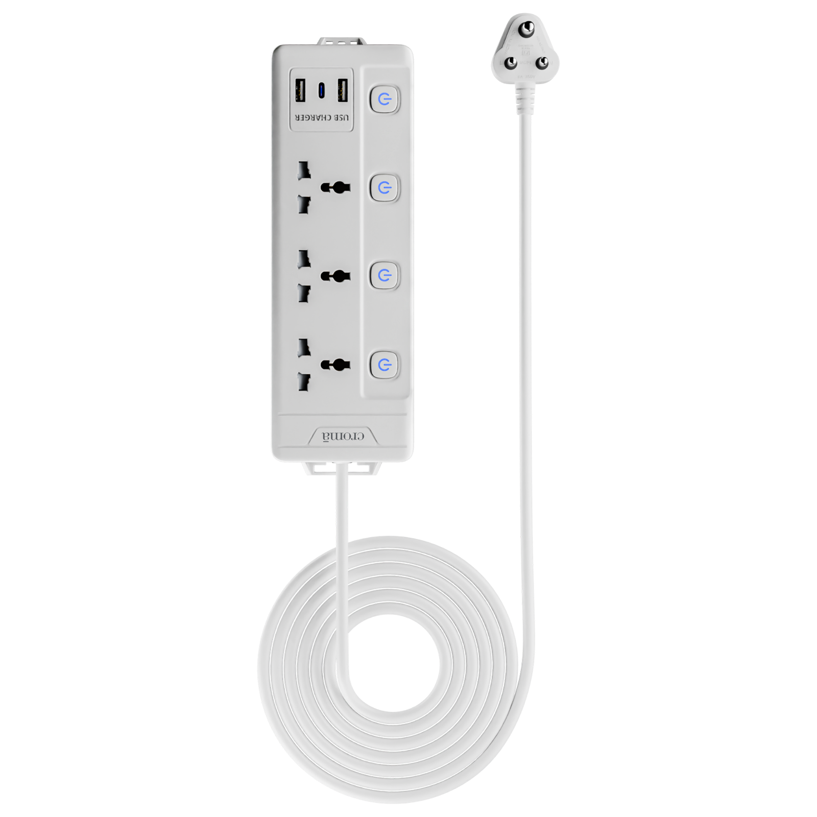 

Croma 6 Amps 3 Sockets Surge Protector (2 Meters, Child Safety Shutters, CRSP3WYSPA266201, White)