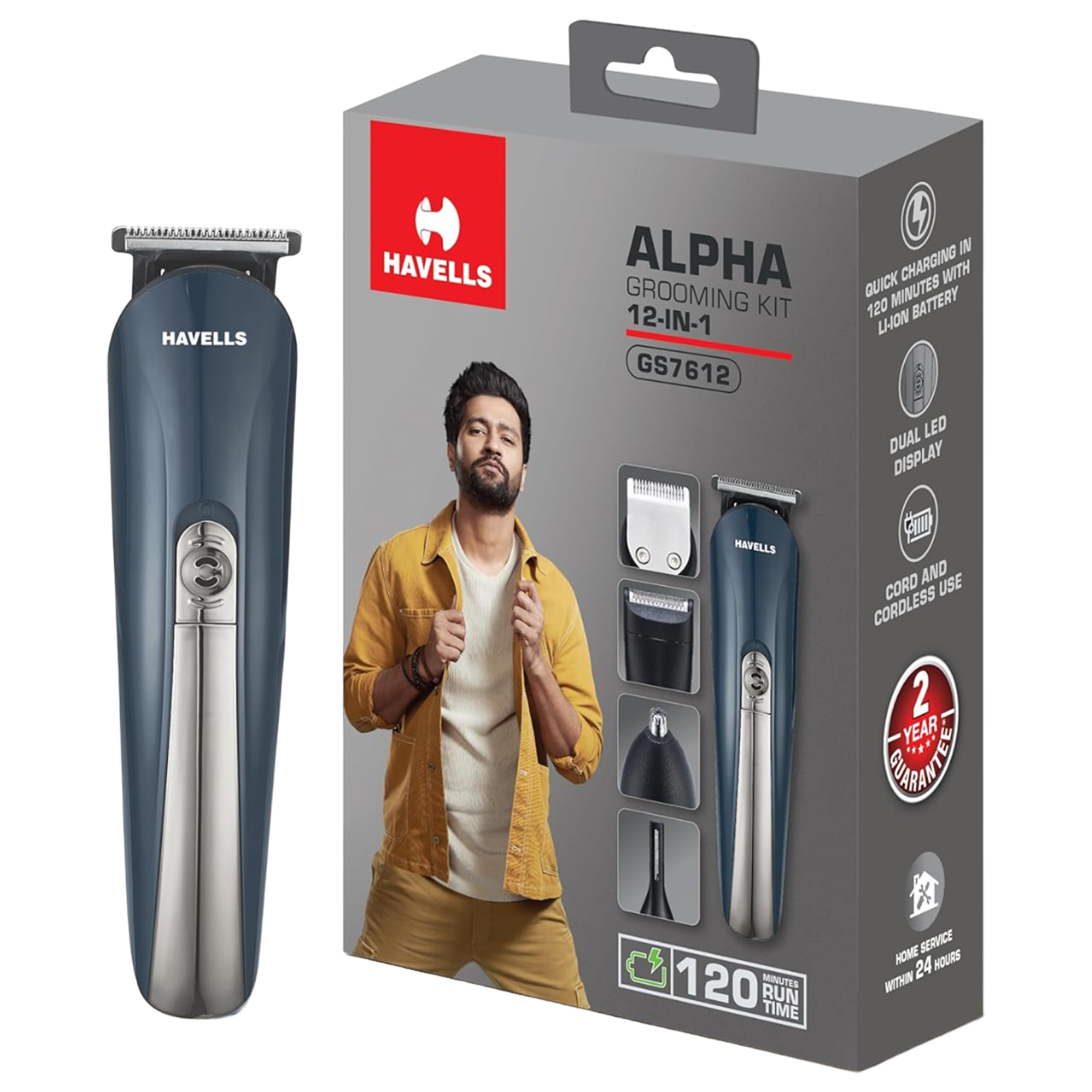 HAVELLS Alpha 12-in-1 Rechargeable Cordless Dry Trimmer for Beard, Body & Hair with 8 Length Settings for Men (120mins Runtime, Fast Charging, Blue)