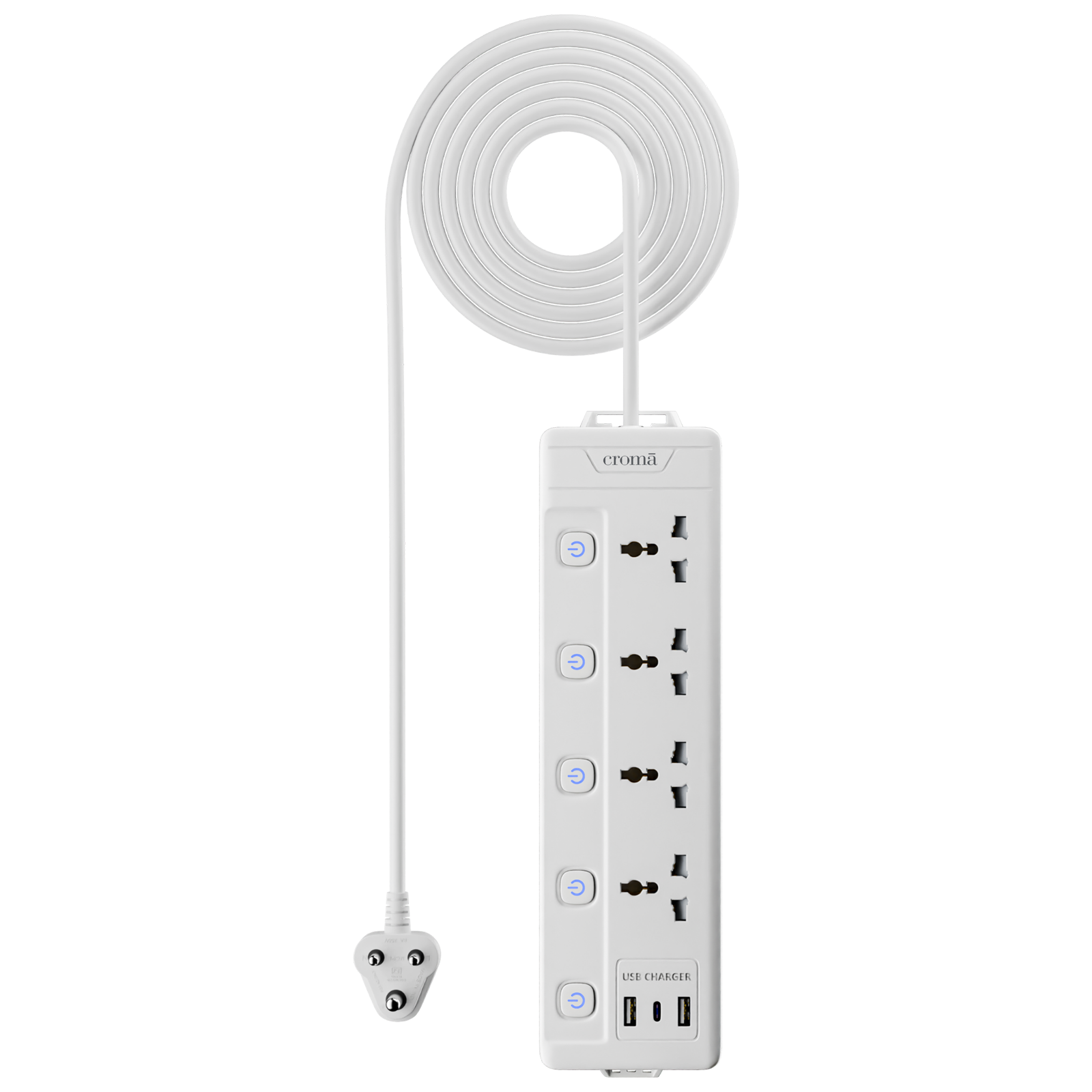 Croma 6 Amps 4 Sockets Surge Protector (2 Meters, Child Safety Shutters, CRSP4WYSPA266202, White)