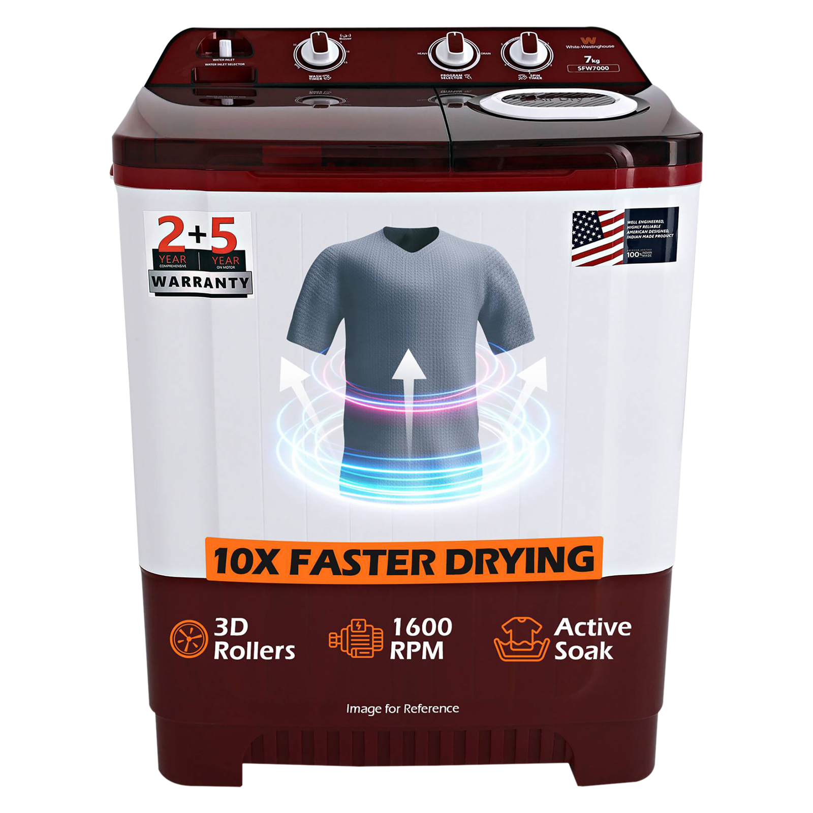 

White Westinghouse 7 kg Semi Automatic Washing Machine with Pulsator Washing Technique (SFW7000, Burgundy)