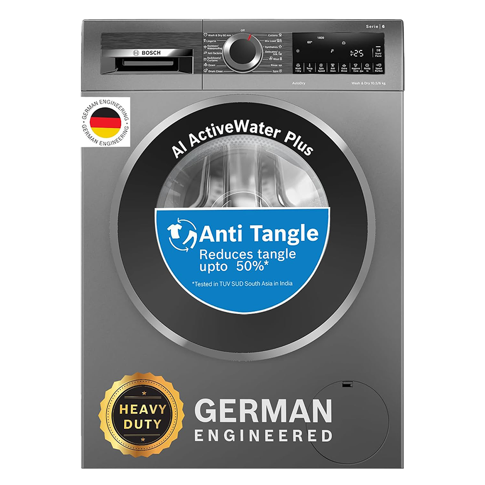 BOSCH 10.5/6 kg 5 Star Fully Automatic Front Load Washer Dryer(Series 6, WNA2E4U1IN, In-built Heater, Grey)