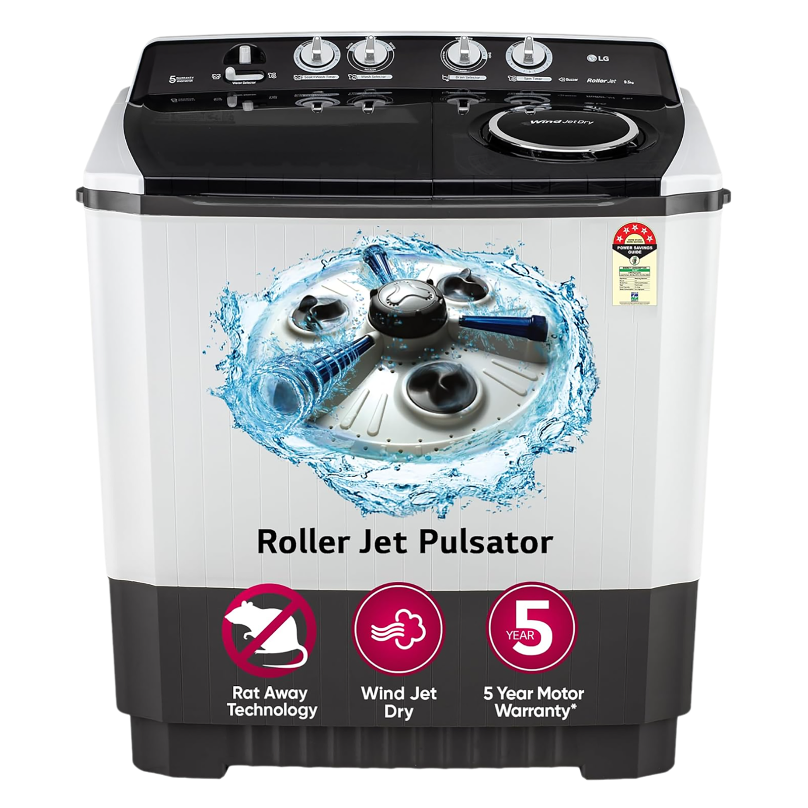 

LG 9.5 kg 5 Star Semi Automatic Washing Machine with Roller Jet Pulsator (P955ASGAZ.ADGQEIL, Dark Grey)