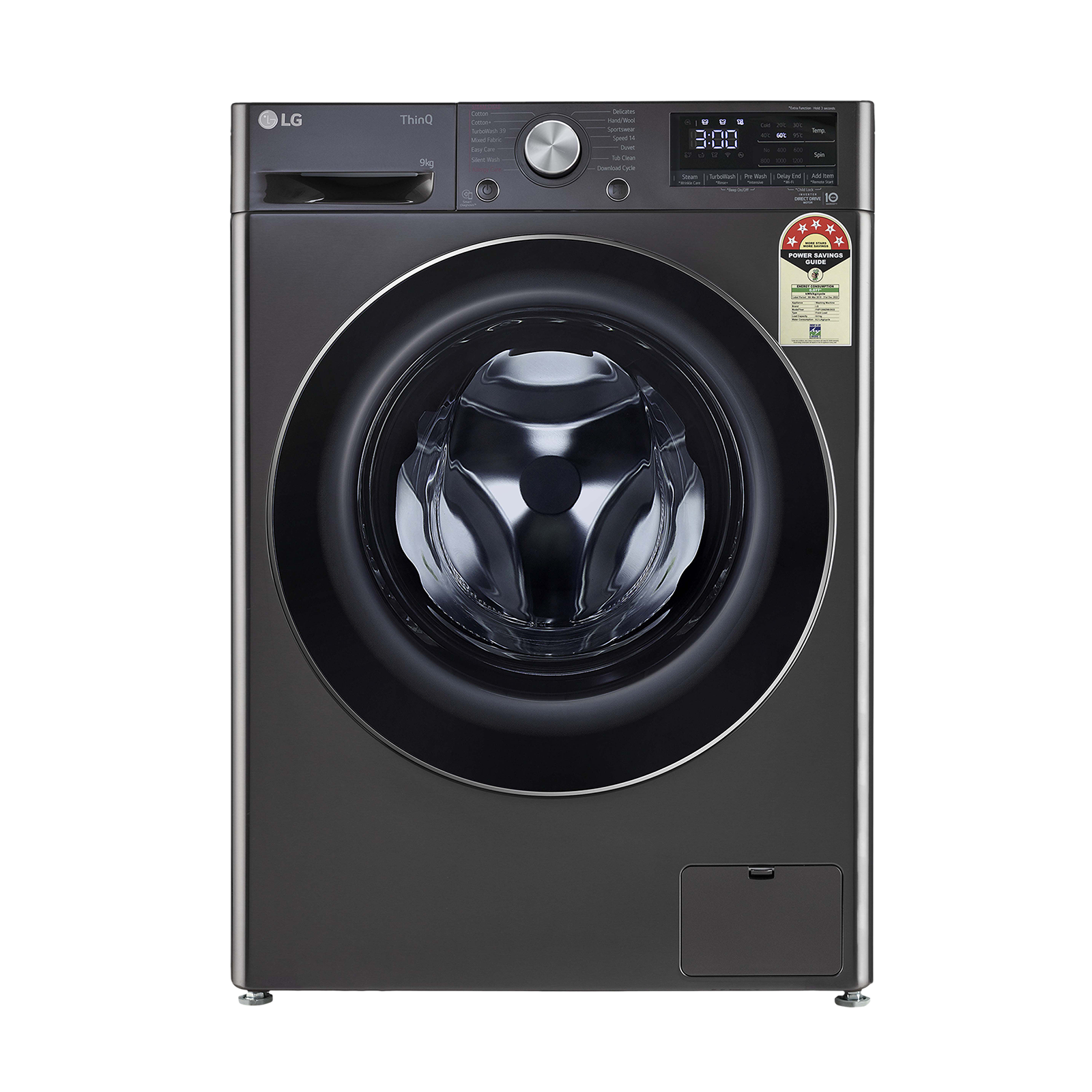 LG 9 Kg 5 Star Inverter Fully Automatic Front Load Washing Machine (FHP1209Z9B.ABLQEIL, In-built Heater, Steam Plus, Black)