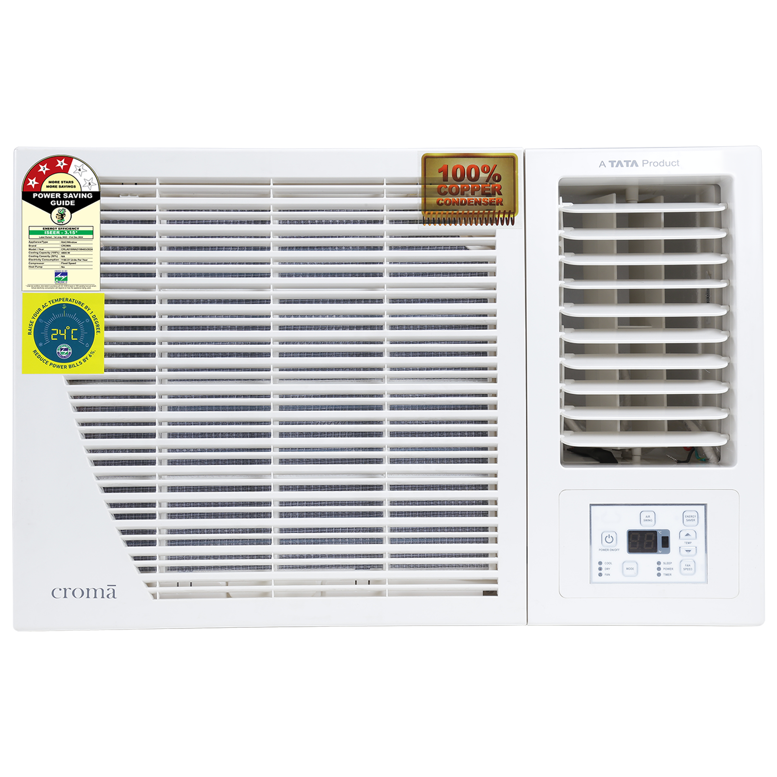 

Croma 1.5 Ton 3 Star Fixed Speed Window AC (2024 Model, Copper Condenser, Dust Filter, CRLA018WAD199403), White