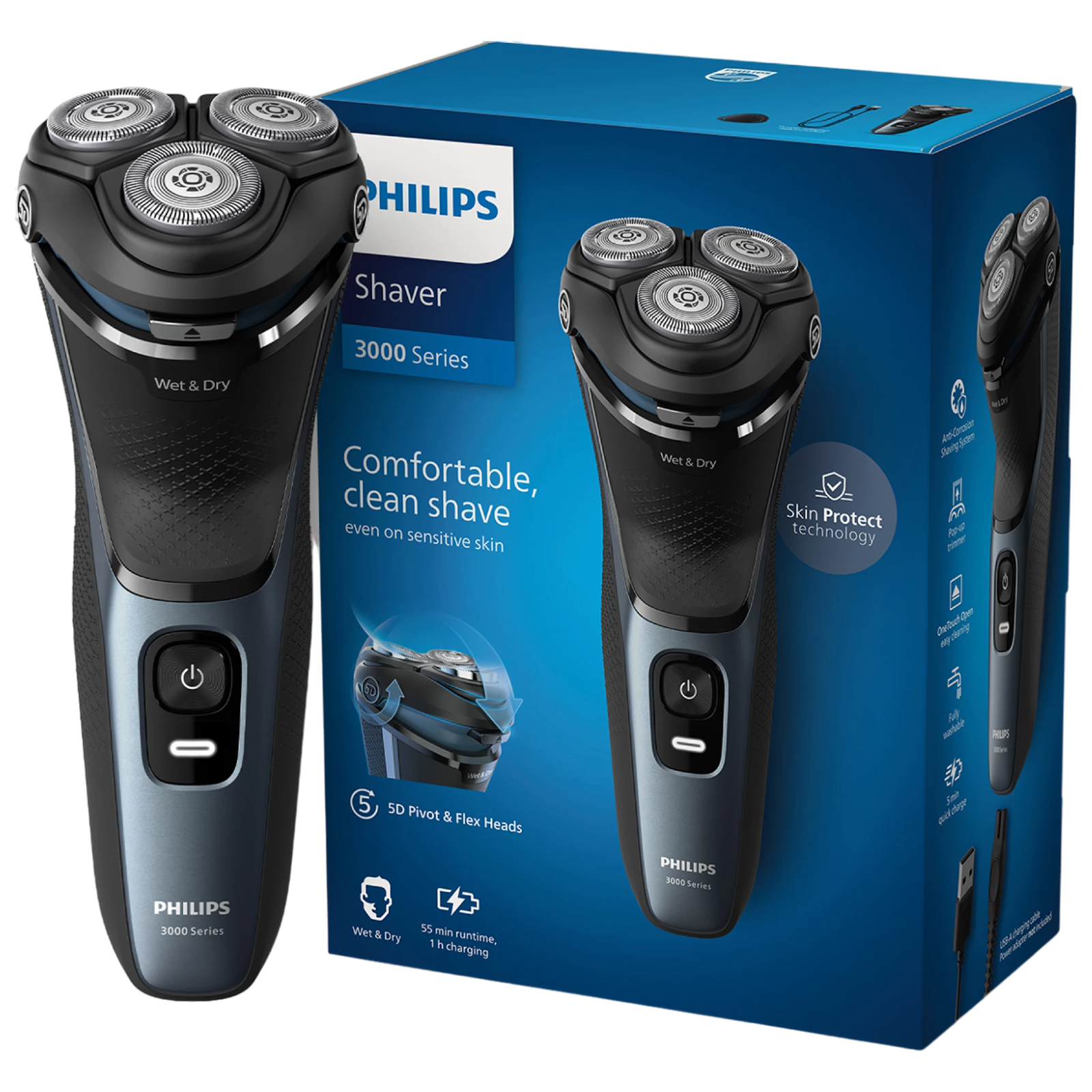 PHILIPS 3000 Series Rechargeable Cordless Shaver for Face for Men (60min Runtime, Skin Protect Technology, Black Silver)