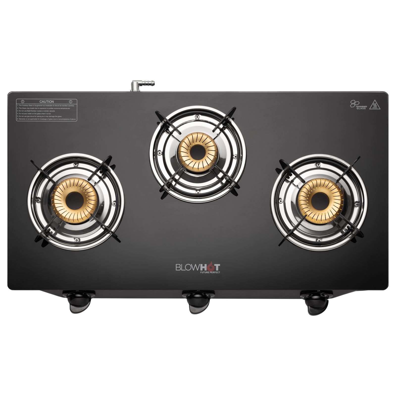 BLOWHOT Pearl Toughened Glass Top 3 Burner Manual Gas Stove (Premium Glass Finish, Black)