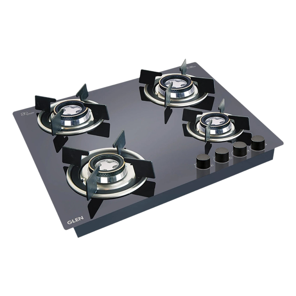 

Glen 1064 RO HT DB Toughened Glass Top 4 Burner Automatic Hob (Vitreous Enamelled Pan Support, Black)