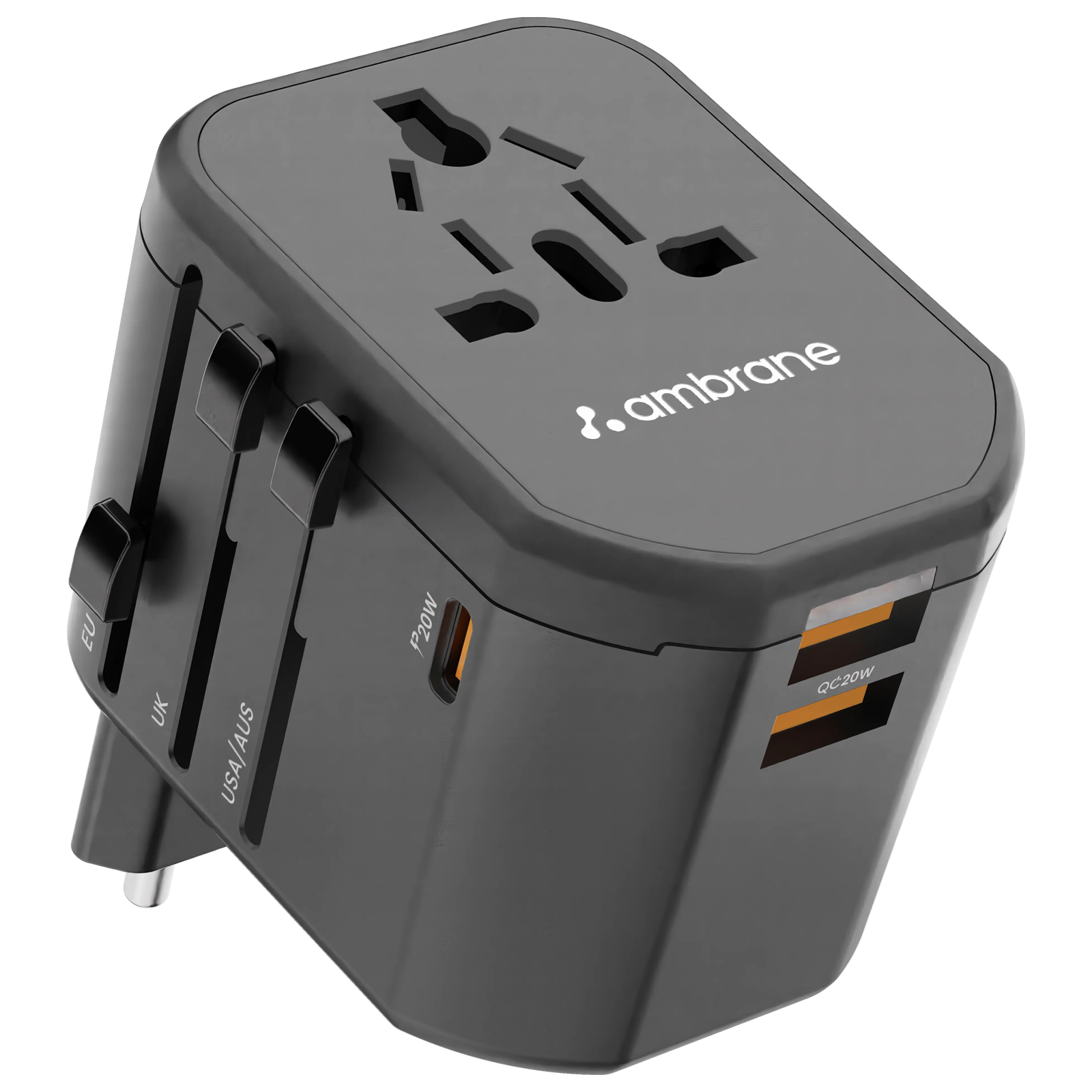 ambrane ATA-01 3 Plugs Travel Adapter (With USB Port, Black)