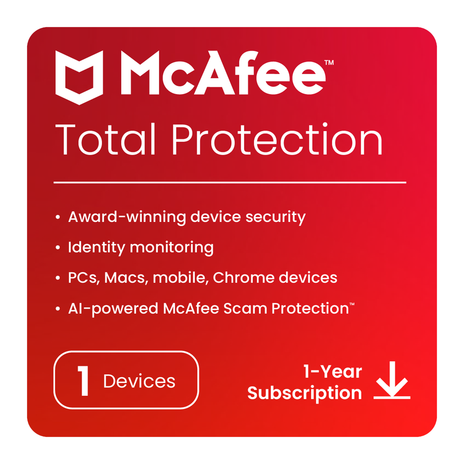 

McAfee Total Protection Security Antivirus (1 Device, 1 Year, MTP1U1Y), Red