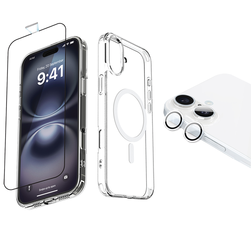 

Dr. Vaku Tempered Glass, TPU Back Cover & Camera Lens Protector for iPhone 16 (Supports Wireless Charging), Transparent