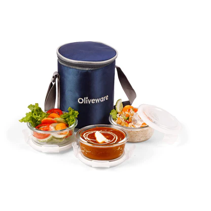 

Oliveware 320ml Glass Container Tiffin with Lid (Set of 3, BPA Free, Transparent)