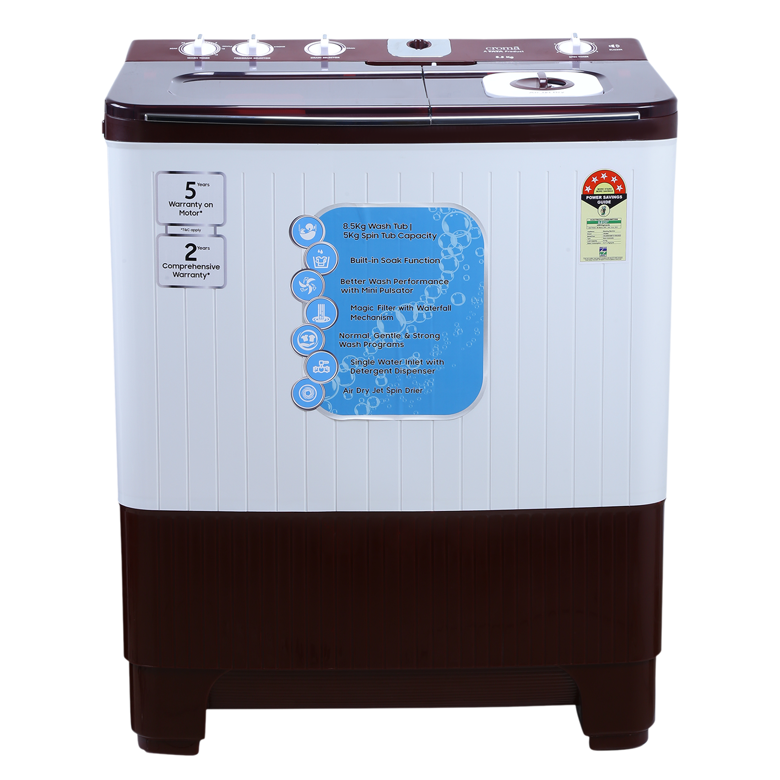 

Croma 8.5 kg 5 Star Semi Automatic Washing Machine with Active Soak Function (CRLW085SMF231002, Burgundy)