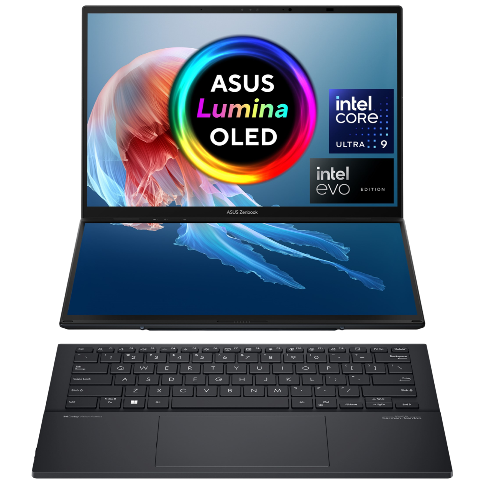 ASUS Zenbook Duo Intel Core Ultra 9 Touchscreen Laptop (32GB, 1TB SSD, Windows 11 Home, 14 inch OLED Full HD Display, MS Office 2021, Inkwell Gray, 1.65 KG)