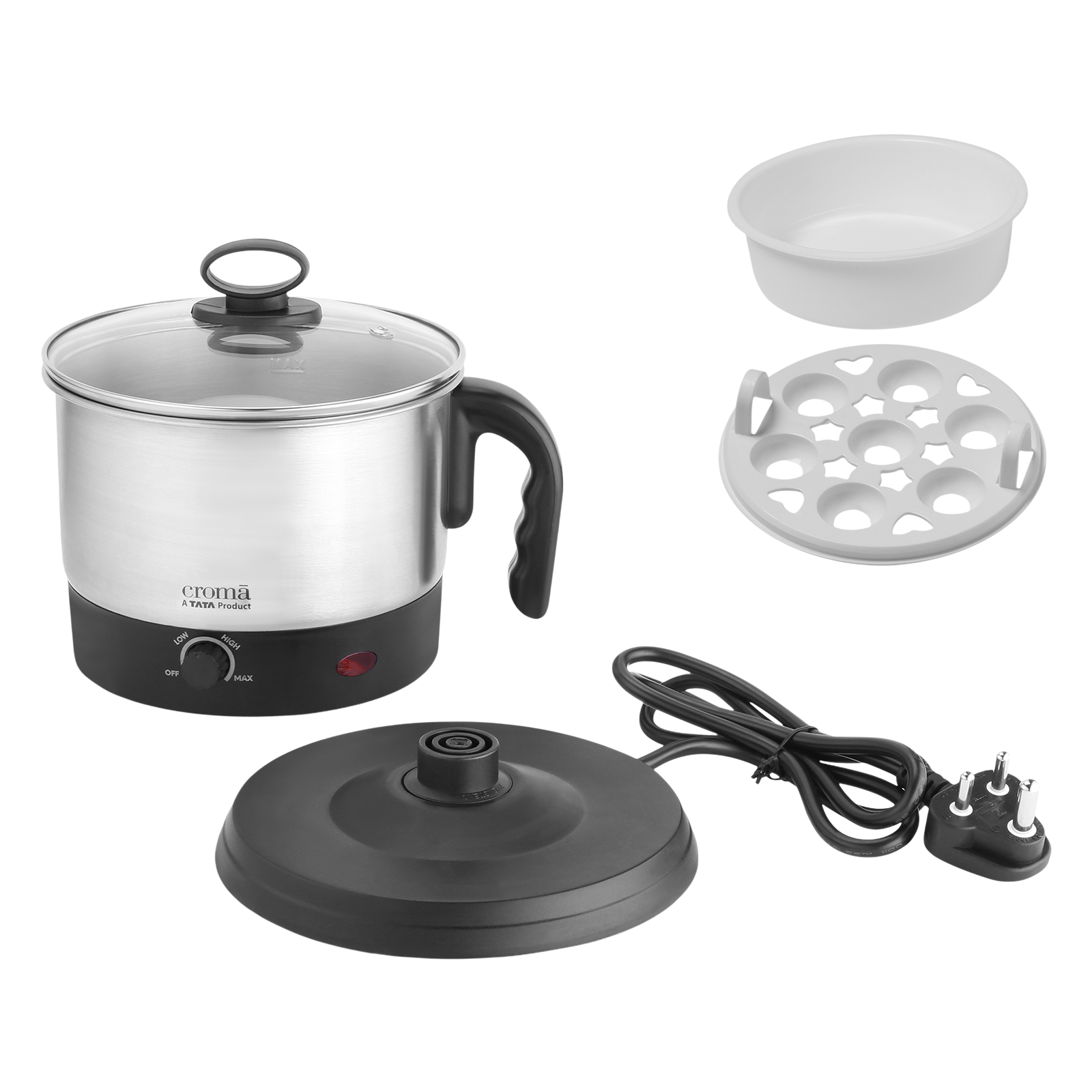 Croma 600 Watt 1.3 Litre Multi Cook Kettle with Auto Shut-off (Black and Silver)