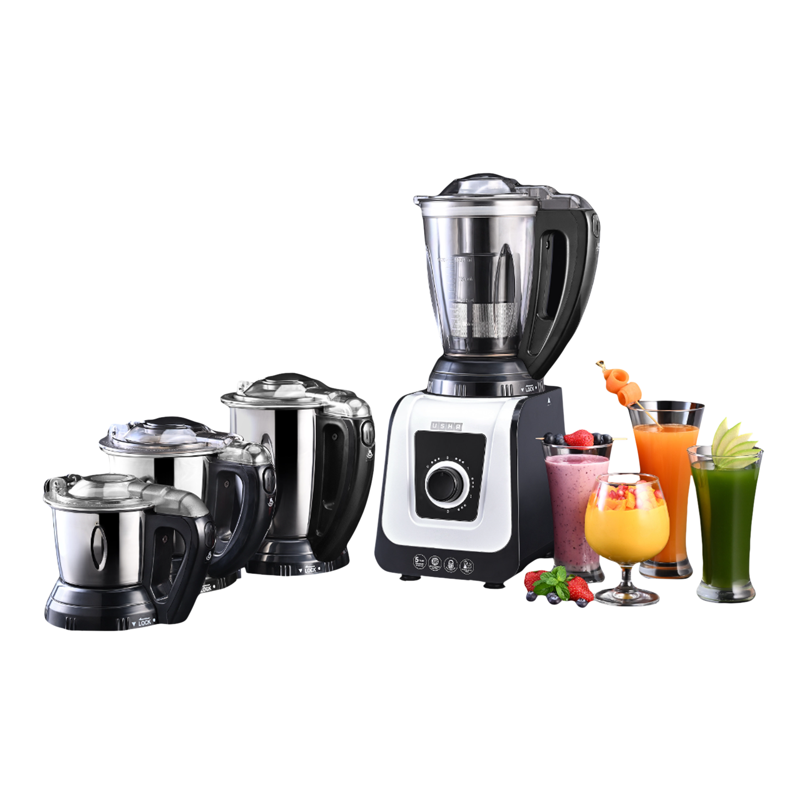 USHA iCHEF 750 Watt 4 Jars Mixer Grinder (Dual Safety Lock, White Black) USHA iCHEF 750 Watt 4 Jars Mixer Grinder (Dual Safety Lock, White Black)
